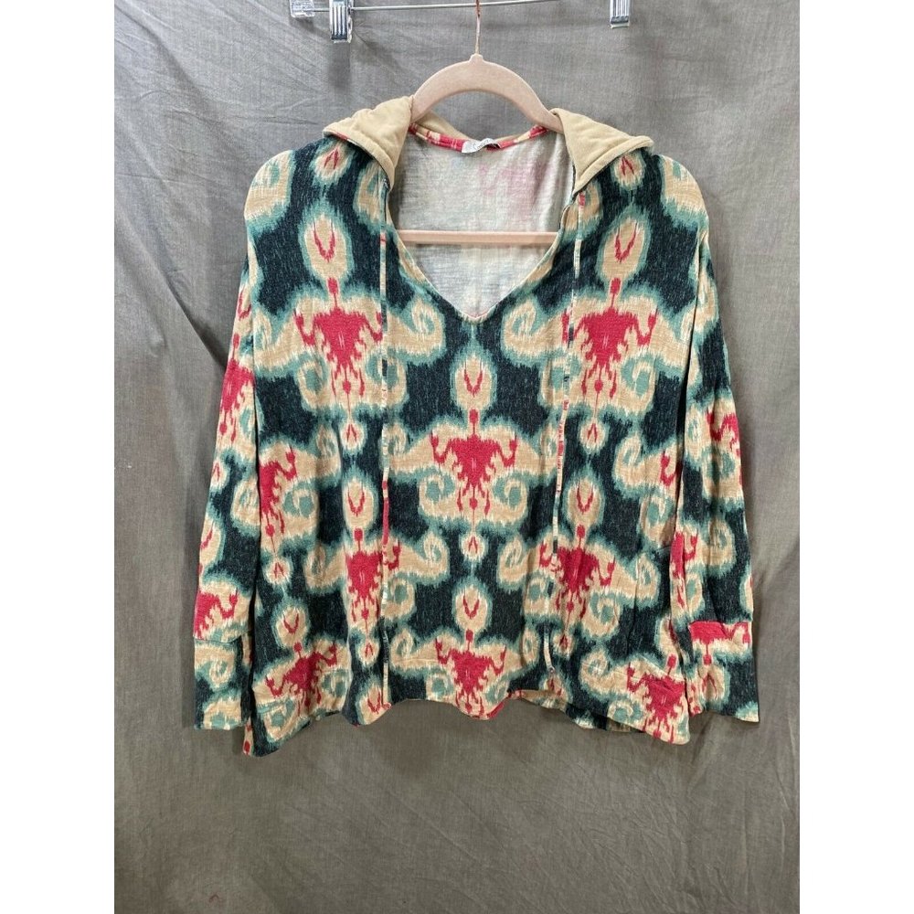 Cantao Shirt Women Large Black Red Paisley Long Sleeve‎ Hooded Pullover Ladies.